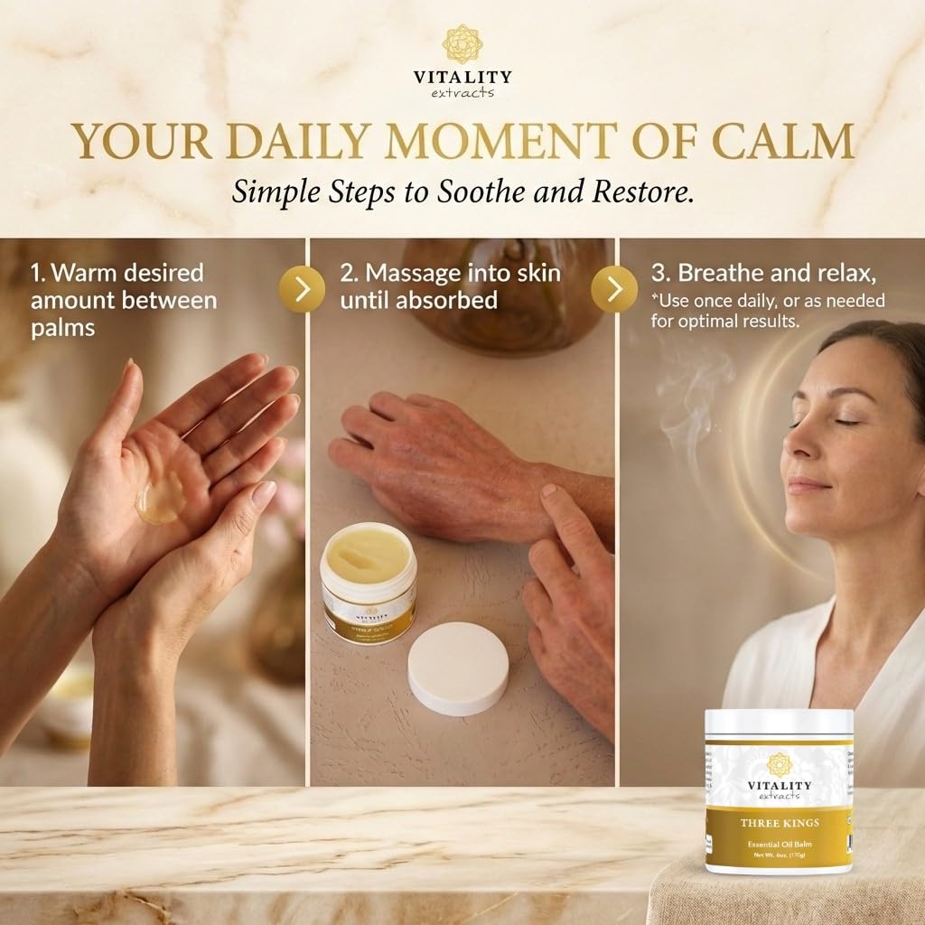 Vitality Extracts Three Kings Balm - 6oz, Frankincense, Myrrh, Sandalwood, Sacred, Ultra-hydration, Relief from Discomfort, Soft Skin