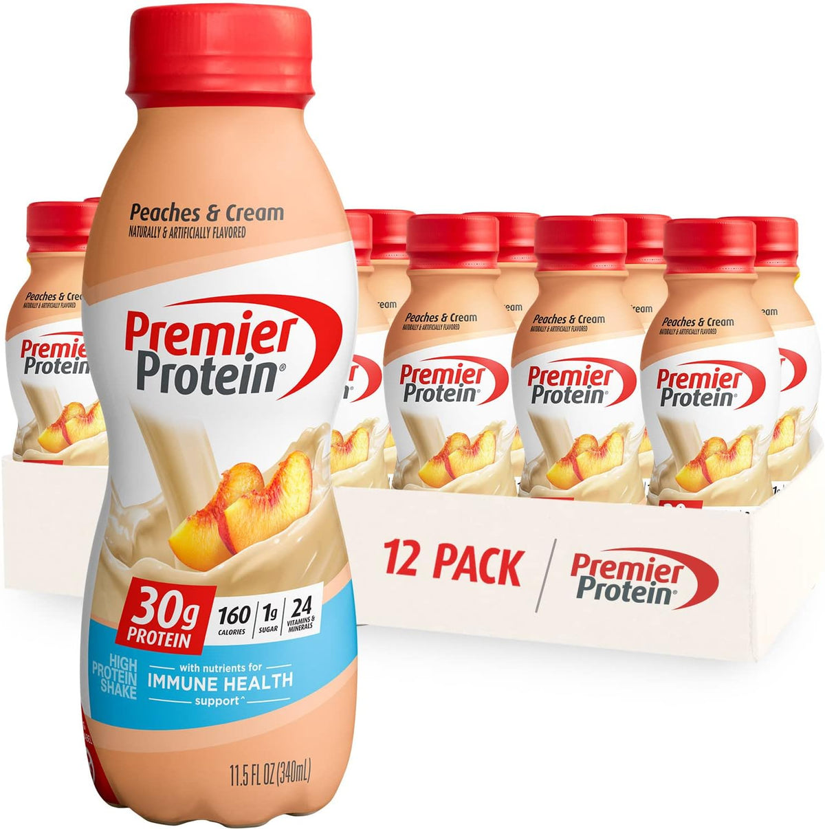 Premier Protein Shake 30g Protein 24 Vitamins Minerals 11.5oz Bottle Peaches & Cream Strawberries 12 Pack Bundle