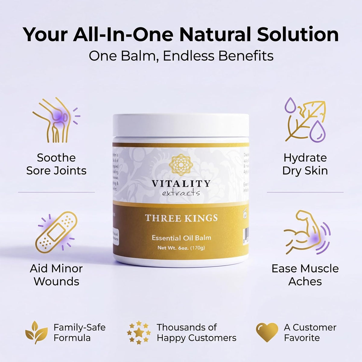 Vitality Extracts Three Kings Balm - 6oz, Frankincense, Myrrh, Sandalwood, Sacred, Ultra-hydration, Relief from Discomfort, Soft Skin