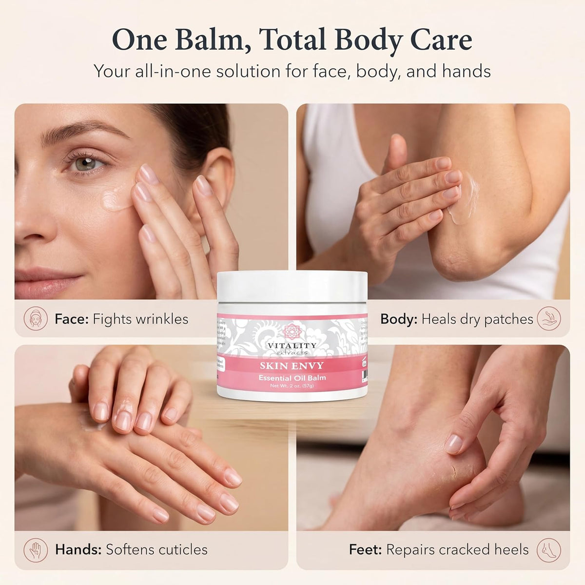 Vitality Extracts Skin Envy Balm - Moisturizer, Beeswax, Vitamin A, Skin Care, All Natural, Coconut Oil