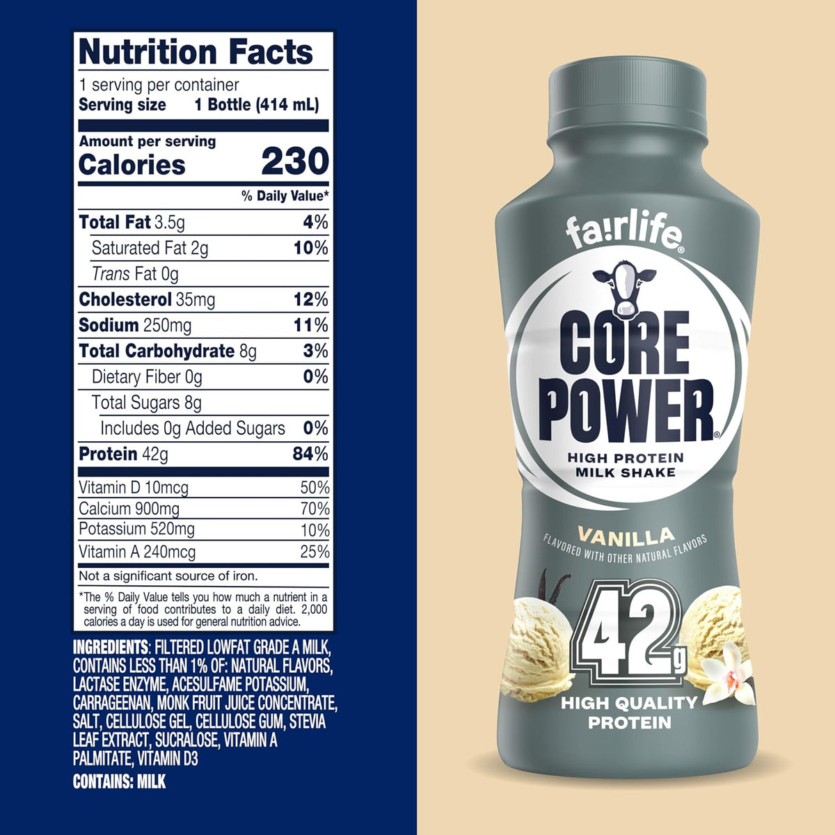 Core Power Fairlife Elite 42g High Protein Milk Shake, Ready To Drink for Workout Recovery, Vanilla, 14 Fl Oz (Pack of 12)