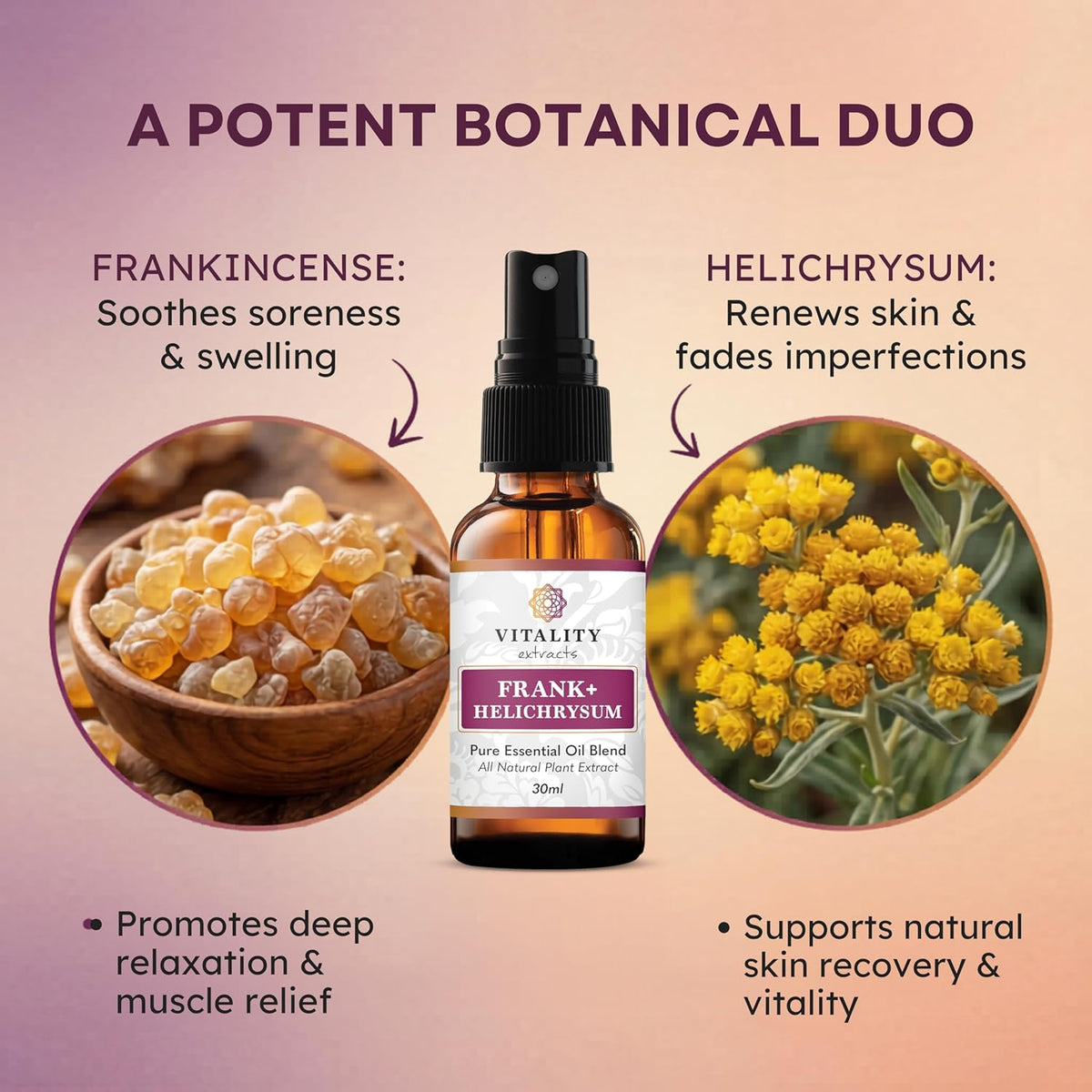 Vitality Extracts Frank+ Helichrysum Essential Oil Blend - 30ml Spray Bottle, Frankincense Boswellia Seratta, Aromatherapy, Soft Skin, Relief from Daily Aches & Soreness, Natural