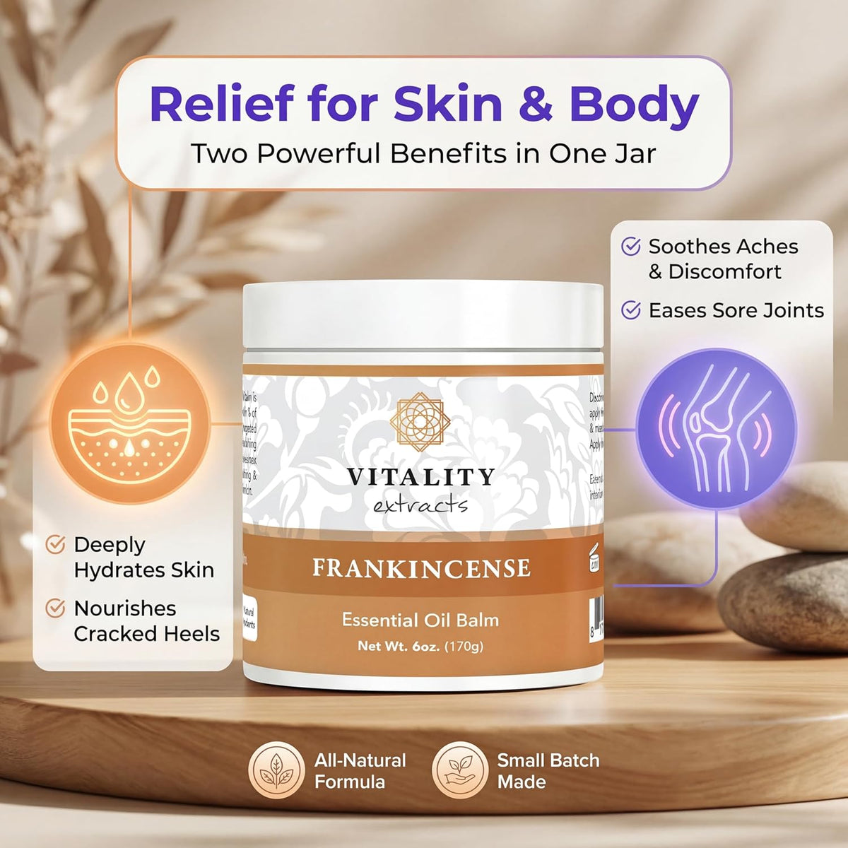 Vitality Extracts Frankincense Balm - 6oz, Boswellia Serrata, Beeswax, Olive Oil, Moisturizer for Dry, Cracked Skin, All Skin Types