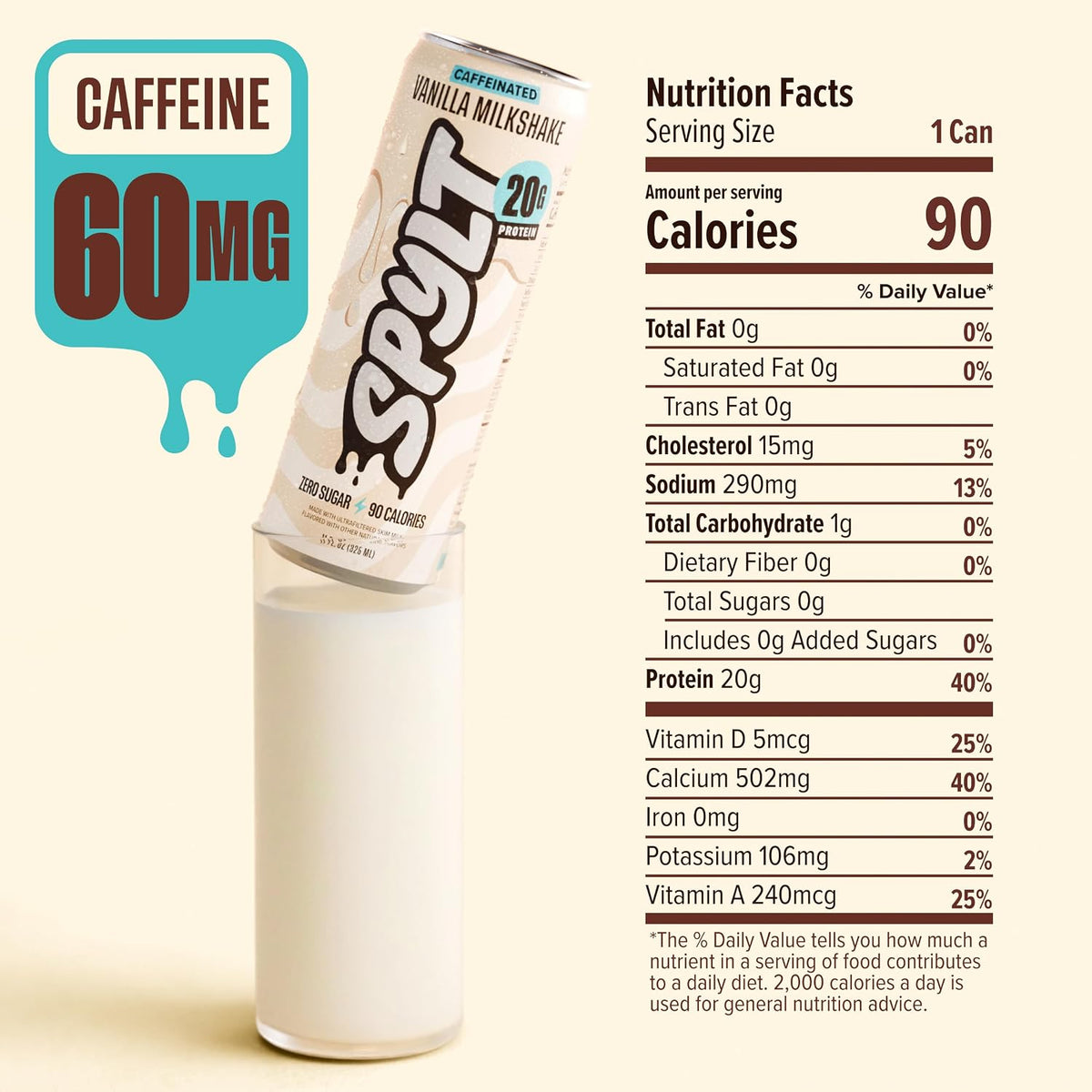Spylt Vanilla Protein Milk Shakes, 20g Protein, 60mg Caffeine, 12 Pack