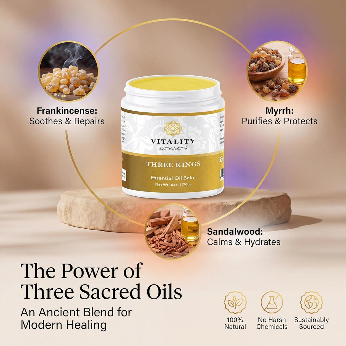 Vitality Extracts Three Kings Balm - 6oz, Frankincense, Myrrh, Sandalwood, Sacred, Ultra-hydration, Relief from Discomfort, Soft Skin